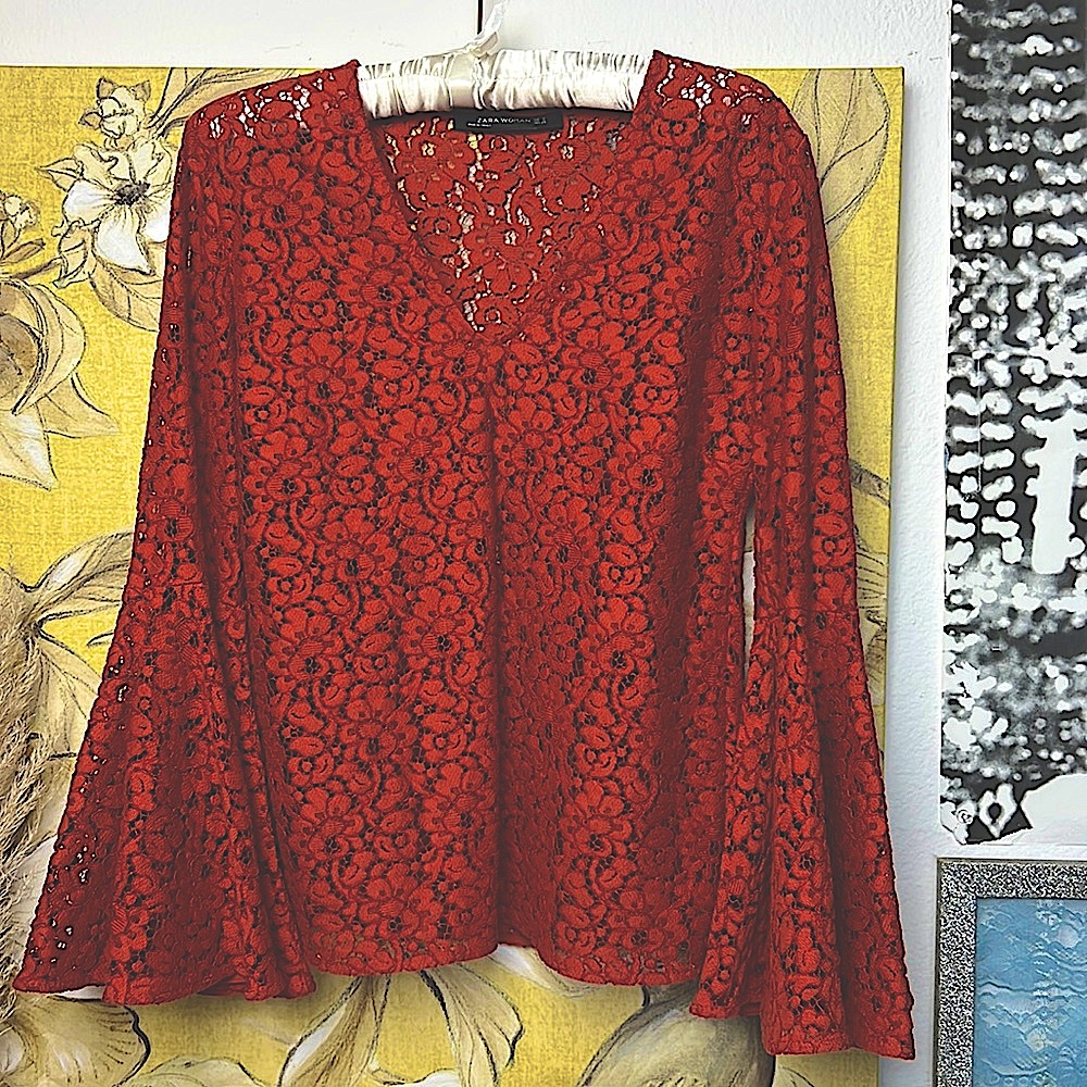 ZARA Woman deep orange bell sleeve lace long sleeve top  size M black label